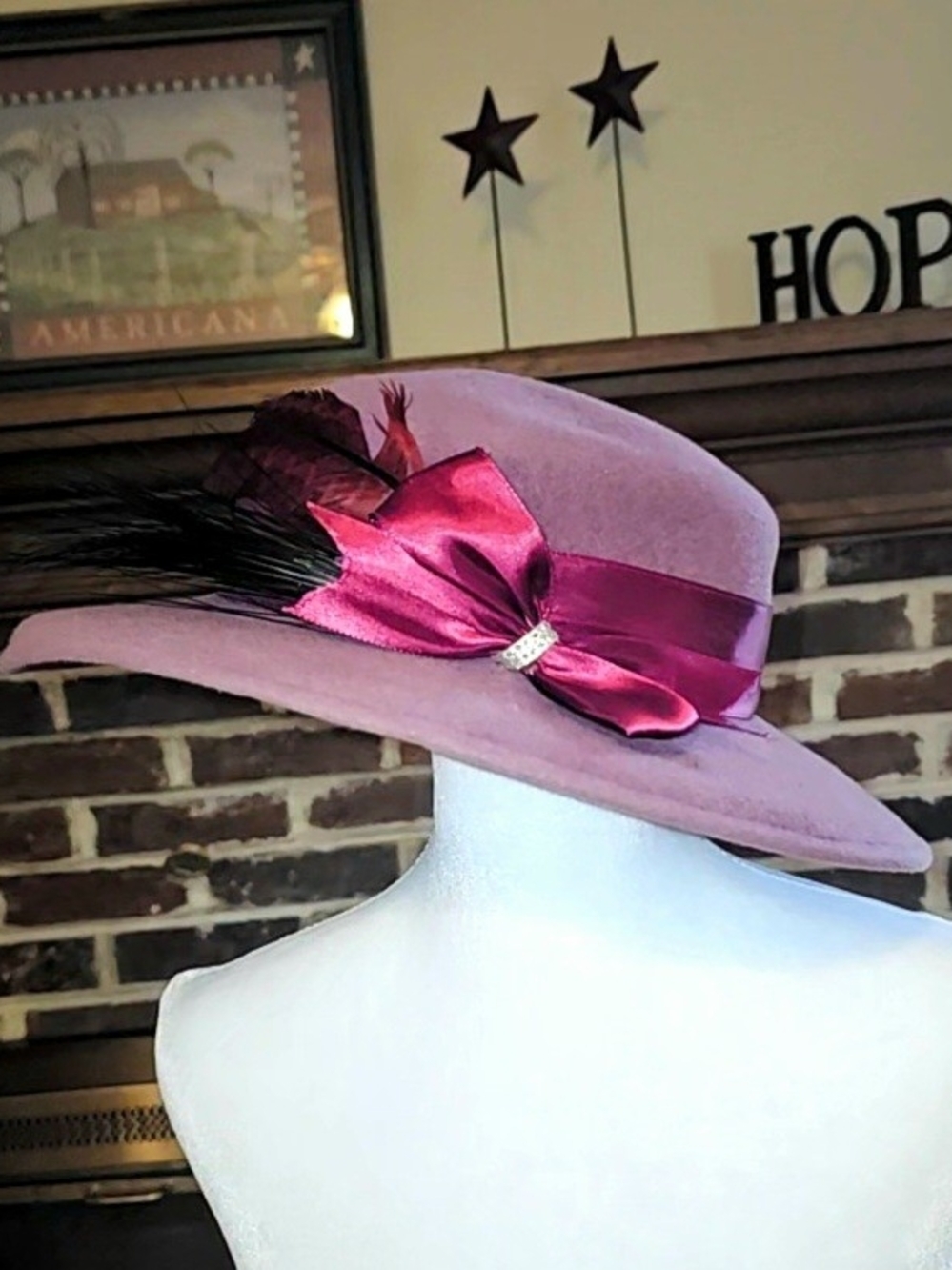 Elegant Vintage 1960's Mauve Wide-Brim Felt Hat with Satin Bow and Feathers